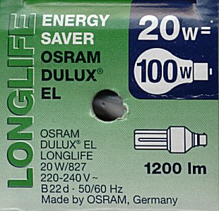 Osram Dulux EL Longlife 20W/827 Compact Fluorescent Lamp - Detail of top of packaging showing lamp specifications