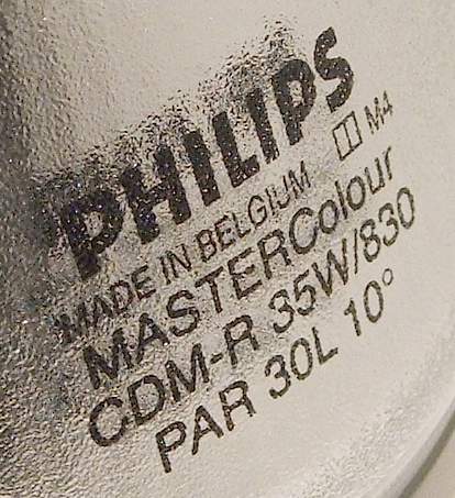 Philips Master Colour CDM-R 35W/830 E27 PAR30L 10 Metal Halide Reflector Lamp - Detail of text printed on lamp