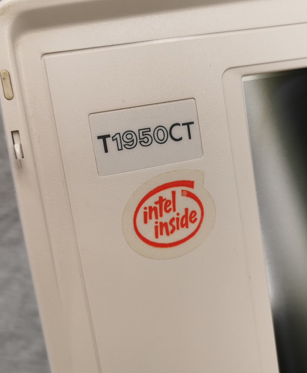 Detail of very prominent Intel sticker on Toshiba T1950CT