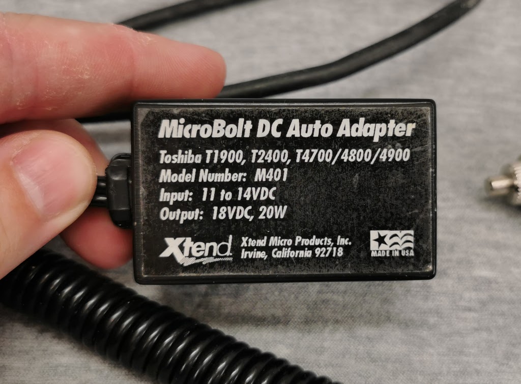 Detail of label on Xtend MicroBolt DC Auto Adapter M401 for Toshiba T1900, T2400, T4700/4800/4900.