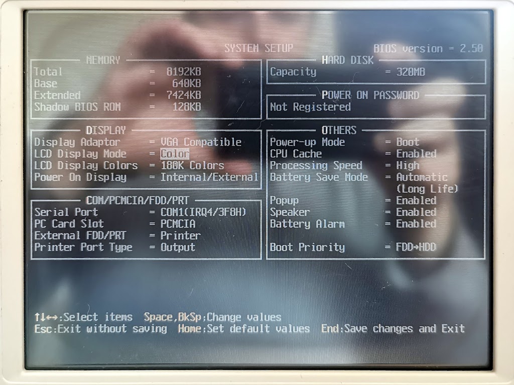 BIOS configuration screen on a Toshiba T1950CT.