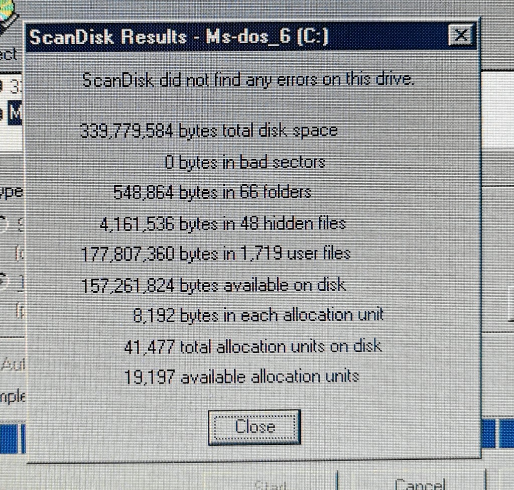 Scandisk result message from the first test on the Toshiba T1950CT