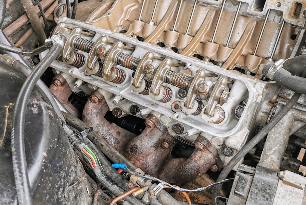 1975 Rover P6 3500 engine with cylinder heads going back on - offside bank