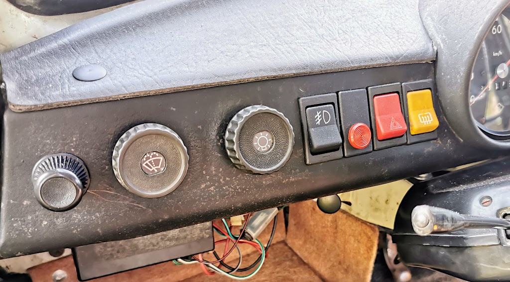 Detail of switch panel to the left of the dashboard on a 1984 Trabant P601S