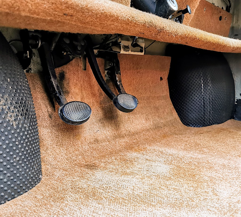 Detail of driver's side footwell in a Trabant P601S showing the offset position of the pedals