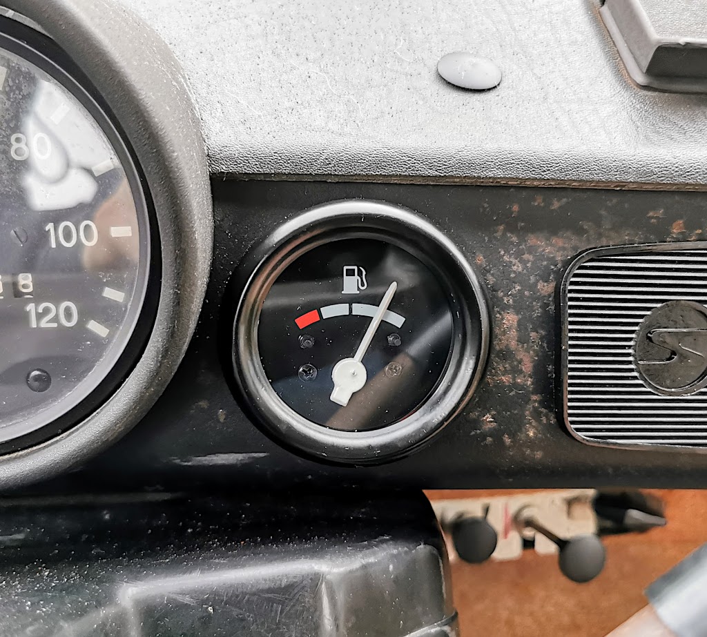 Detail of retrofitted fuel gauge in a 1984 Trabant P601S