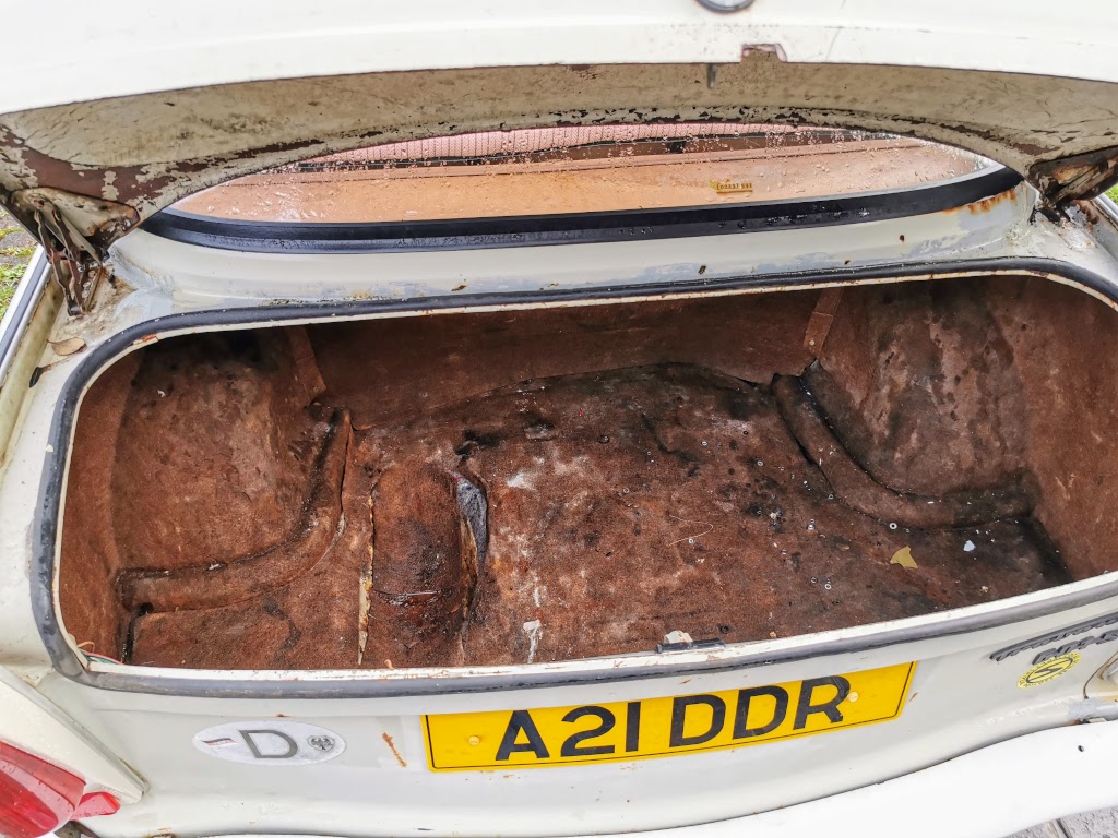 A rather rank looking Trabant P601S luggage compartment prior to cleaning