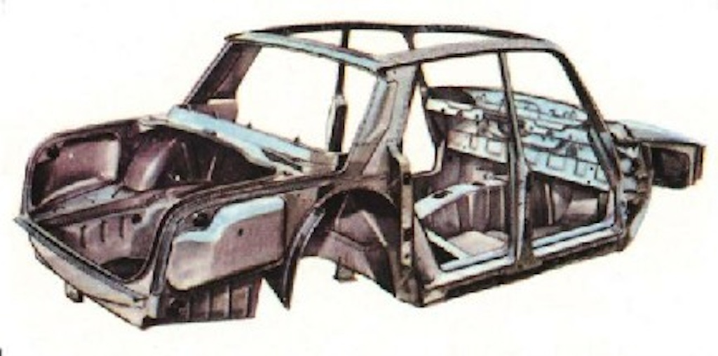 Drawing of a Rover P6 Baseframe shell without cosmetic panels fitted