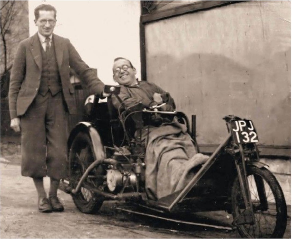JPJ132 - The original Invacar, shown with Bert Greeves, the creator, and Derry Creston-Cobb, his cousin.