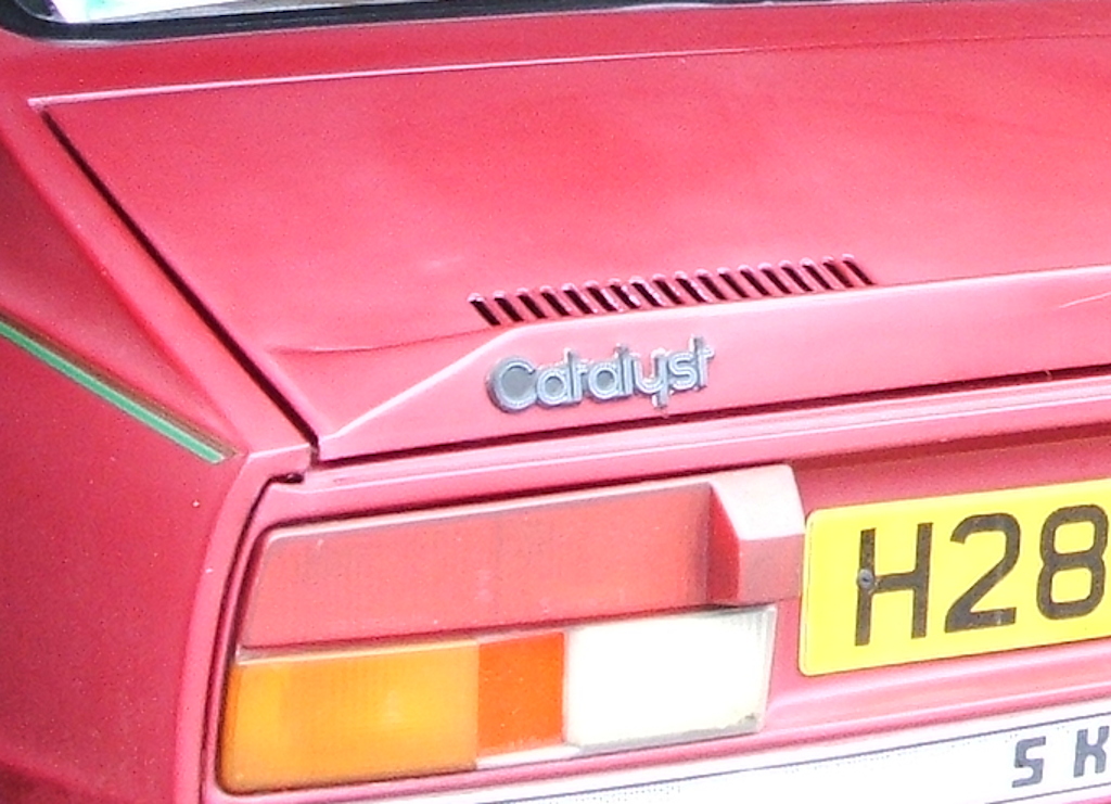 Detail of "Catalyst" badging on a 1991 Skoda 135 RiC Rapid