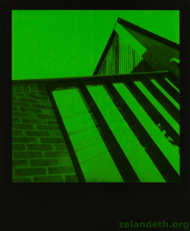 Our house frontage shot from a low angle on Polaroid Black & Green Duochrome, July 2022