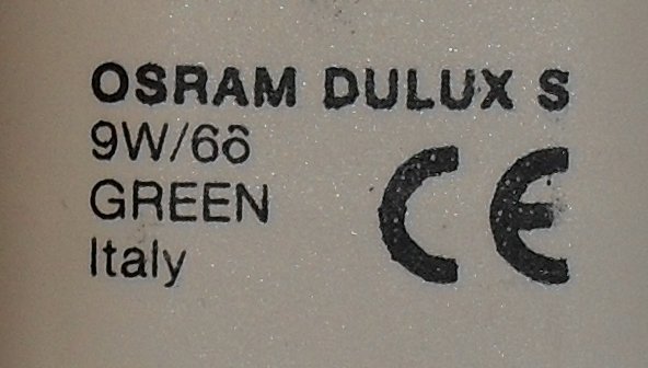 Osram Dulux S G23 9W/66 Green Compact Fluorescent Lamp - Detail of text printed on lamp base
