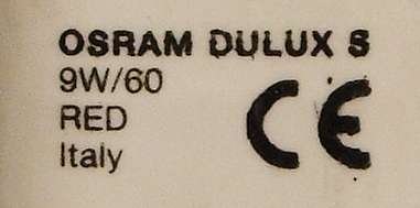 Osram Dulux S G23 9W/60 Red Compact Fluorescent Lamp - Detail of text printed on lamp base