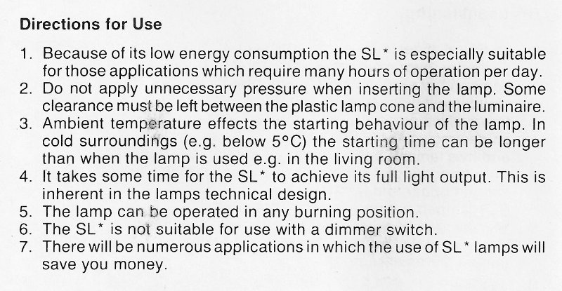 Philips SL*9 Prismatic Compact Fluorescent Lamp - Informational card included with lamp