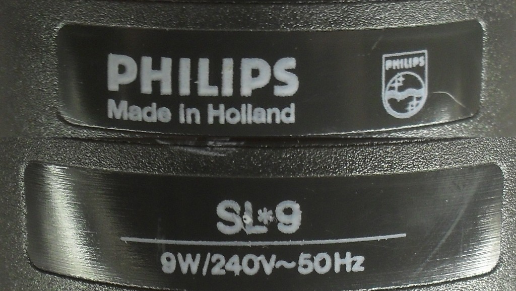 Philips SL*9 Prismatic Compact Fluorescent Lamp - Detail of text printed on lamp base (two images together showing both sides of the lamp)