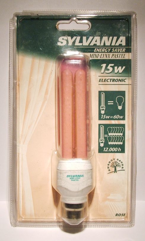 Sylvania Mini-Lynx 15W Pastel Rose Colour Tinted Compact Fluorescent Lamp - Overview of lamp packaging