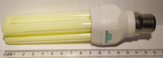 Sylvania Mini-Lynx 15W Pastel Rose Colour Tinted Compact Fluorescent Lamp - Displayed next to ruler to show length of lamp