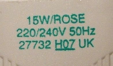 Sylvania Mini-Lynx 15W Pastel Rose Colour Tinted Compact Fluorescent Lamp - Detail of text printed on lamp base (2/2)