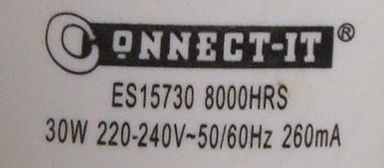 Connect-IT ES15730 30W low energy bulb detail of text on lamp base