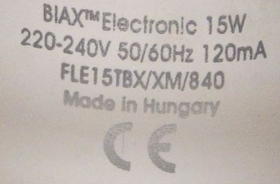 General Electric BIAX Electronic FLE15TBX/XM/840 Compact Fluorescent Lamp - Detail of text on lamp base