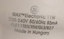 General Electric BIAX Electronic, FLE11TBX/XM/GLS/827/B22/GEUK/1 Compact Fluorescent Lamp - Detail of text on lamp base