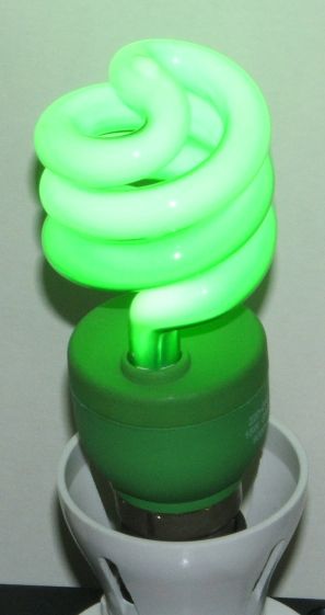 Impact Color Spiral 15W Green Coloured Compact Fluorescent Lamp - Overview of lamp while lit