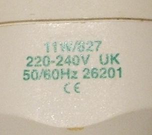 Marathon Electronic 11W/827 GLS Shaped Compact Fluorescent Lamp - Detail of text printed on lamp base
