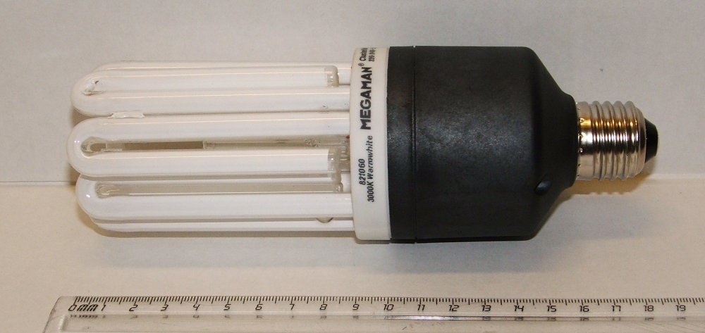 Megaman Clusterlite HC01060i 60W E27 3000K Compact Fluorescent Lamp - Shown adjacent to a ruler for scale