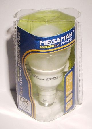 Megaman GSU11s DorS Self-Dimming Compact Fluorescent Lamp - Overview of plastic retail packaging lamp was supplied in