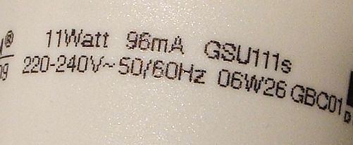 Megaman GSU11s DorS Self-Dimming Compact Fluorescent Lamp - Detail of text printed on lamp base (1/3)