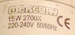 Mercury 15W 2700K Compact Fluorescent Lamp - Detail of text printed on lamp base