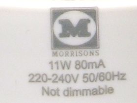 Morrisons 11W Reflector Compact Fluorescent Lamp - Detail of text printed on lamp base