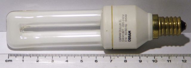 Osram Dulux EL 5W/41-827 Compact Fluorescent Lamp - Shown adjacen to a ruler for scale
