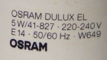 Osram Dulux EL 5W/41-827 Compact Fluorescent Lamp - Detail of text printed on lamp base