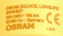 Osram Dulux EL Longlife 20W/827 Compact Fluorescent Lamp - Detail of text printed on lamp base