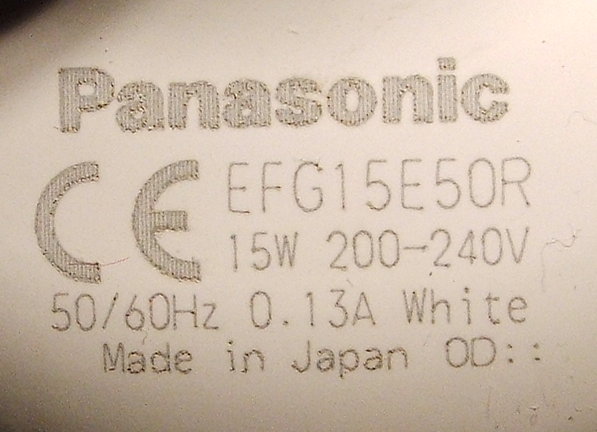 Panasonic EFG15E50R Reflector Compact Fluorescent Lamp - Detail of text printed on base of lamp (1/2)