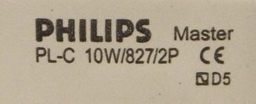 Philips Master PL-C 10W 827/2P Ecotone Compact Fluorescent Lamp - Detail of text printed on lamp base