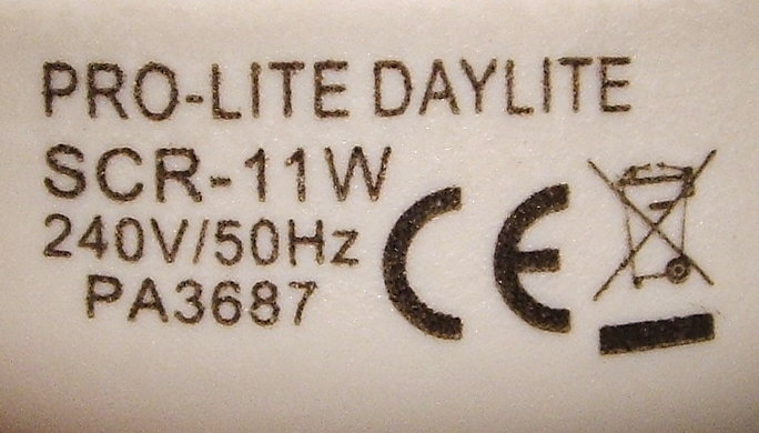 Pro-Lite Daylite Helix SCR-11W Blue Coloured Compact Fluorescent Lamp - Detail of text printed on lamp base