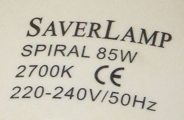 Saver Lamp 85W 2700K Compact Fluorescent Lamp - Detail of text printed on lamp base