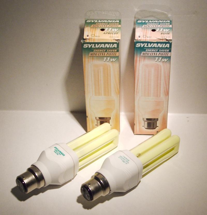 Sylvania Mini-Lynx Pastel 11W Apricot and Rose Compact Fluorescent Lamps shown together