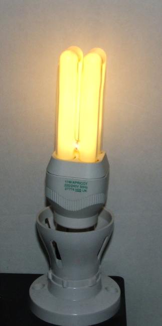 Sylvania Mini-Lynx Pastel 11W Apricot Compact Fluorescent Lamp - Overview of lamp shown while lit