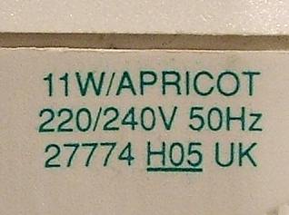 Sylvania Mini-Lynx Pastel 11W Apricot Compact Fluorescent Lamp - Detail of text printed on lamp base (1/2)