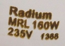 Radium MRL 160W/235/E27 Blended Mercury Lamp - Detail of lamp etch