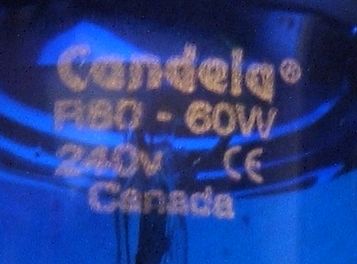 Candela R-80 Spot Blue Reflector Lamp - Detail of text printed on lamp