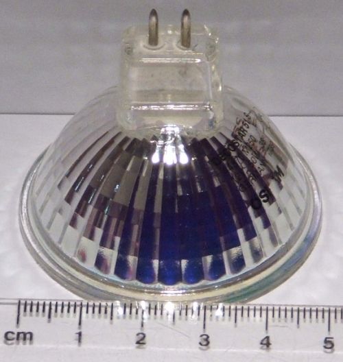Osram Decostar 51S 12V 50W Dichroic Halogen Lamp - Displayed next to a ruler to show lamp size