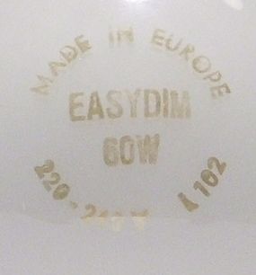 Easydim 60W Pearl Self-Dimming Lightbulb - Detail of text printed on lamp crown
