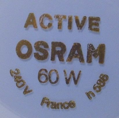 Osram Active 60W Day White Colour Corrected Lamp - Detail of text printed on lamp crown