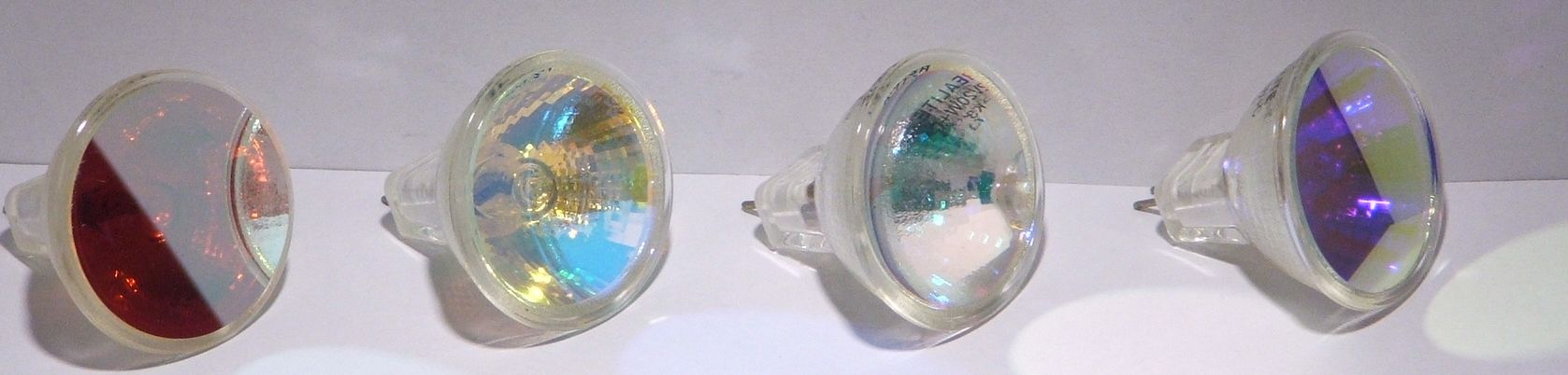 Realite MR11 Dichroic 20W 10 Degree Coloured Lamp - Detail showing highly reflective colour shifting effect of the dichroic colour filters