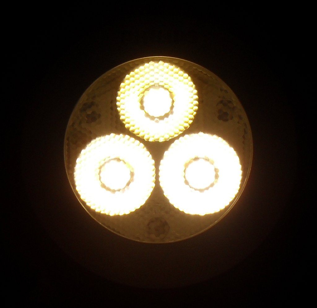 Philips Econic 3W GU10 25 Degree 3000K LED Lamp - Detail of lamp face looking into beam while alight