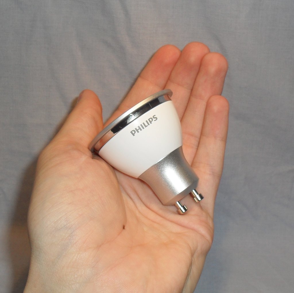 Philips Econic 3W GU10 25 Degree 3000K LED Lamp - Held in hand to show relative scale